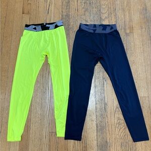 Boys Performance Leggings - Neon Yellow & Navy - Athletic Stretch (10/12)